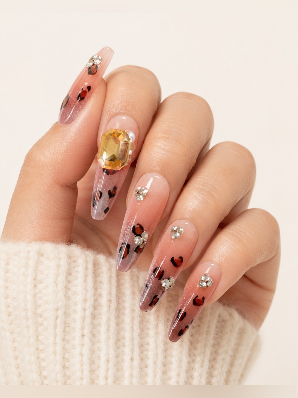 Crystal Accent Pink Leopard Press-On Nails - Size：M